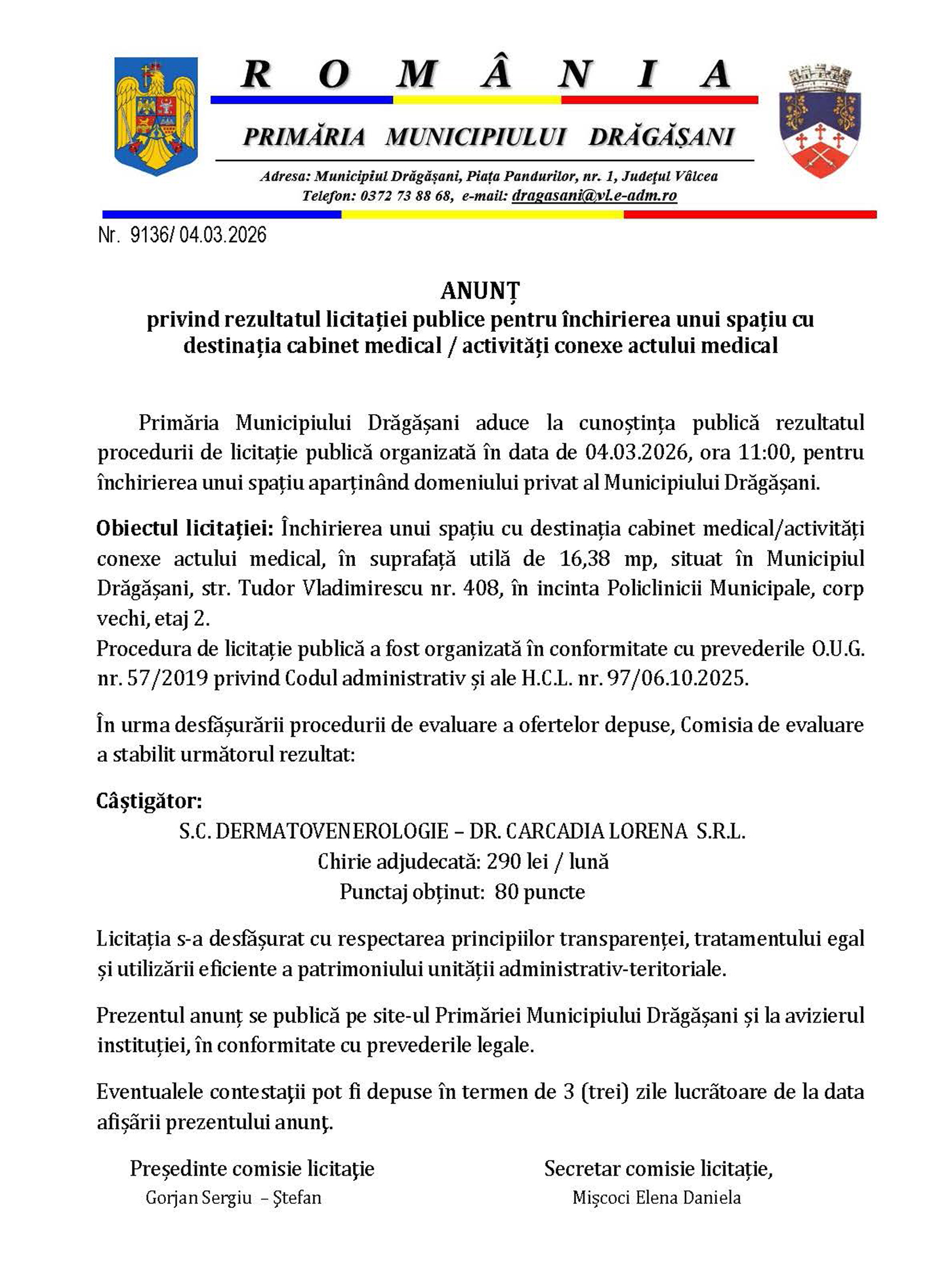 Anunt Castigator Licitatie Publica Pentru Inchirierea Unui Spatiu Cu Destinatia Cabinet Medical Activitati Conexe Actului Medical