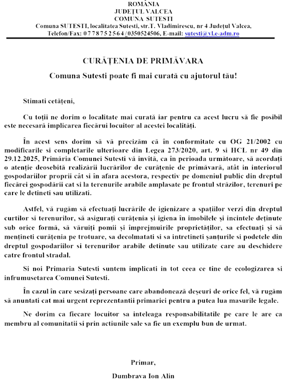 Anunt Curatenia De Primavara La Sutesti 00