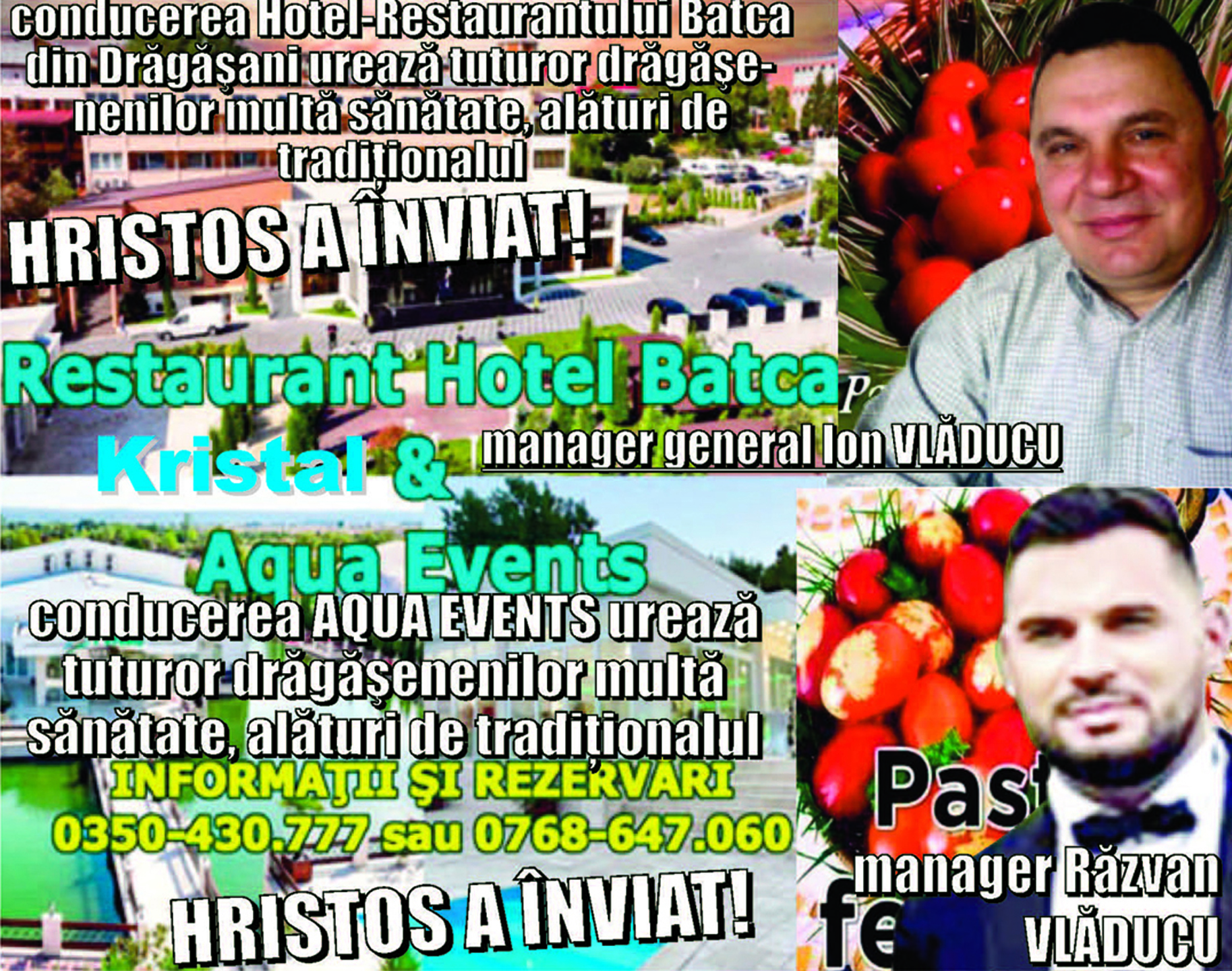 Felicitare Paste 2026  Complexul Hotelier Batca Aqua Events Kristal Dragasani