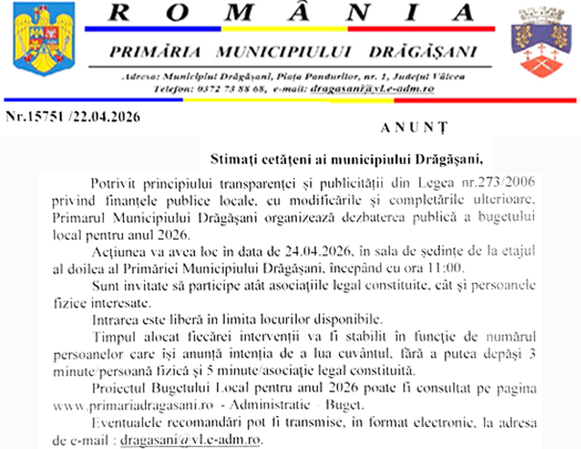 Asnunt Organizare Dezbatere Publica Pe Tema Bugetului Municipiului Dragasani Pentru Anul 2026 00